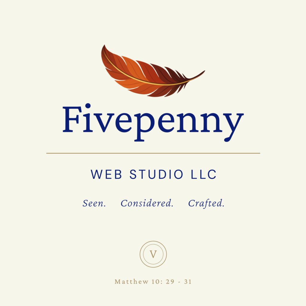 Fivepenny Web Studio logo with swallow feather, tagline & Matthew 10:29-31